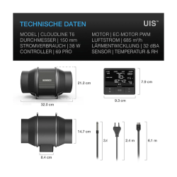 Cloudline PRO T6, système de ventilation silencieux en ligne avec contrôle de la température et de lhumidité, 150 mm