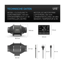 Cloudline PRO T4, système de ventilation silencieux en ligne avec contrôle de la température et de lhumidité, 100 mm