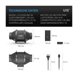 AC Infinity Cloudline PRO S4, leises Inline-Lüftersystem mit Drehzahlregler, 100 mm