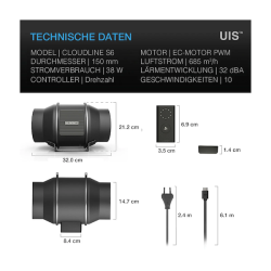 AC Infinity Cloudline PRO S6, leises Inline-Lüftersystem mit Drehzahlregler, 150 mm