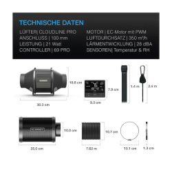 AC Infinity PRO 100 mm air filter set, inline fan with smart controller and activated carbon filter